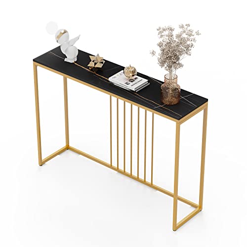 FATIVO Konsolentisch Marmor Schmal Gold: Eingang Tisch Skandinavisch mit Gold Metallgestell, Flurtisch für Schlafzimmer Wohnzimmer 120×30×79cm Schwarz von FATIVO