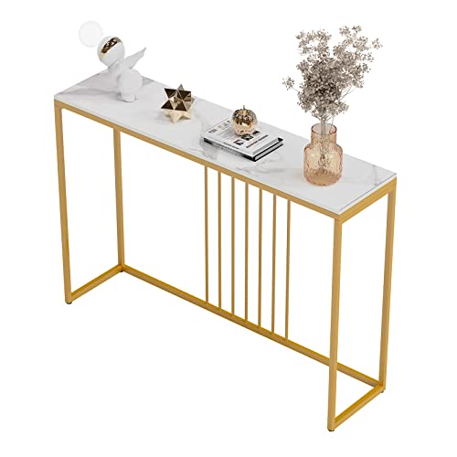 FATIVO Konsolentisch Marmor Schmal Gold: Eingang Tisch Skandinavisch mit Gold Metallgestell, Flurtisch für Schlafzimmer Wohnzimmer 120×30×79cm Weiß von FATIVO