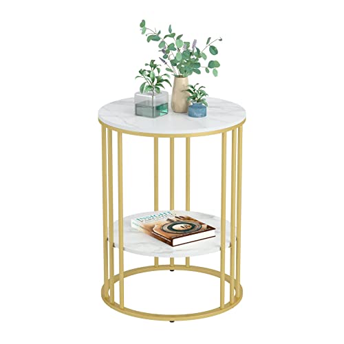 FATIVO Marmor Couchtisch Beistelltisch Gold: Sofatisch 2 Ablagen - Nachttisch rund fürs Wohnzimmer Schlafzimmer mit Eisenrahmen - 40×40×54cm von FATIVO