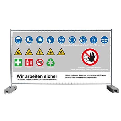 FBS Baustellen Banner 340 x 173 cm - Bauzaunbanner mit Sicherheitssymbole I Achtung Baustelle - Sichtschutz Windschutz Sicherheitsbanner für Bauzaun von FBS