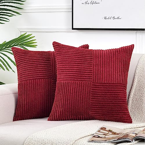 FDTERN 2er Set Boho Kordsamt Kissenbezug 55x55CM Weinrot Einfarbig Flauschig Quadrat Kissenbezüge Kissenhülle Dekokissenbezug Sofakissen Dekokissen Deko für Sofa Schlafzimmer Wohnzimmer Balkon von FDTERN