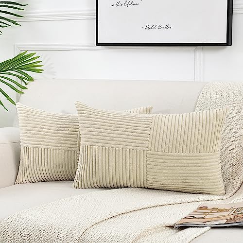 FDTERN 2er Set Boho Kordsamt Kissenbezug Rechteckig 30x60CM Beige Flauschig Kissenbezüge Kissenhülle Dekokissenbezug Sofakissen Dekokissen Deko für Sofa Schlafzimmer Wohnzimmer von FDTERN