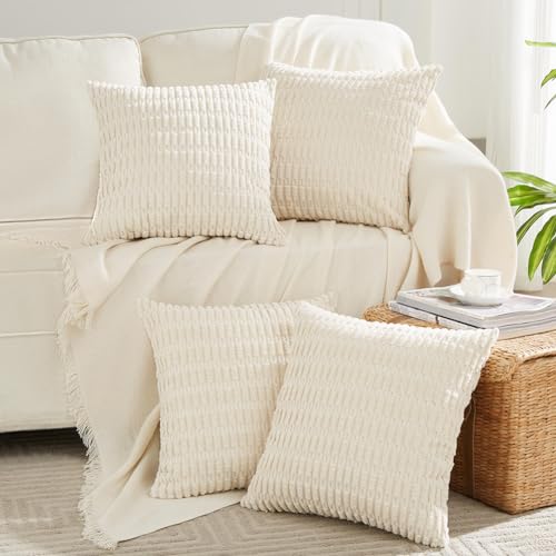 FDTERN 4er Set Boho Kissenbezug 30x30 Creme Einfarbig Flauschig Kissenbezüge Weich Kordsamt Beige Kissenhülle Dekokissenbezug Sofakissen Dekokissen Deko für Sofa Schlafzimmer Wohnzimmer Balkon von FDTERN