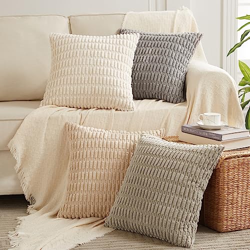 FDTERN 4er Set Boho Kissenbezug 30x30 cm Grau Beige Creme Farbverlauf Kissenbezüge Kordsamt Kissenhülle Dekokissenbezug Sofakissen Dekokissen Deko für Sofa Schlafzimmer Wohnzimmer Balkon Flauschig von FDTERN