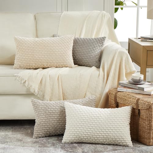 FDTERN 4er Set Boho Kordsamt Kissenbezug 40x60CM Grau Beige Creme Farbverlauf Flauschig Kissenbezüge Kissenhülle Dekokissenbezug Sofakissen Dekokissen Deko für Sofa Schlafzimmer Wohnzimmer Balkon von FDTERN