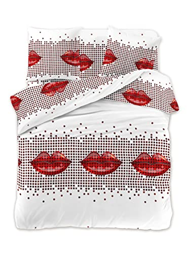 FEBE Bettwäsche Rote Lippen Bettbezug-Set 135x200 + Kissenbezug 2 Teilig mit Reißveschluss von FEBE