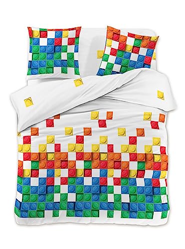 FEBE Bettwäsche Tetris Blöcke Bettbezug-Set 135x200 + Kissenbezug 2 Teilig mit Reißveschluss von FEBE