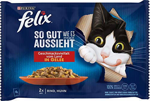 FELIX So gut wie es aussieht Katzenfutter nass in Gelee, mit Huhn & Rind, 12er Pack (12 x 4 Beutel à 85g) von FELIX