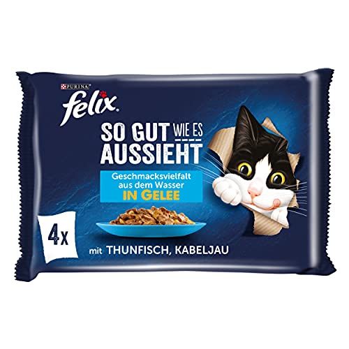 FELIX So gut wie es aussieht Katzenfutter nass in Gelee, mit Thunfisch & Kabeljau, 12er Pack (12 x 4 Beutel à 85g) von FELIX