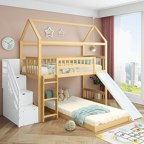 FEZTOY Baumhaus Kinderbett 90 x 200 mit 3 Treppe & Schubladen, Hochbett für 2 Kinder mit Rutsche und Lattenrost, Funktionsbett Hochbett Stockbett Jugendhochbett, Keine Matratze von FEZTOY