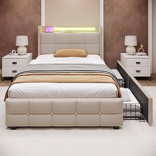 FEZTOY Einzelbett Polsterbett mit Aufladen USB Ladefunktion Kopfteil und 2 Schubladen,Einzelbett 90x200cm Jugendbett Stauraumbetten Bettgestell, Lattenrost aus Holz, Beige (Ohne Matratze) von FEZTOY