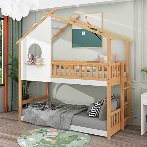 FEZTOY Etagenbett mit Treppe & Fenster 200x90cm, Kinderbett Hochbett mit Rausfallschutz und Lattenrost, Kiefernholz Spielbett für Jungen & Mädchen - Ohne Matratze (Weiß) von FEZTOY