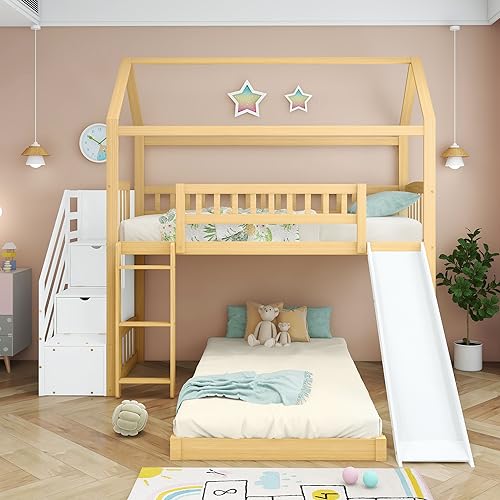 FEZTOY Kinder Bett mit Rutsche, Hausbett 90x200, Etagenbett für 2 Kinder, Hochbett mit Treppe Stauraum und 2 Lattenrost, Kinderbetten, Spielbett, Jugendbett, ohne matratze (Natur+Weiß-Schließfächer) von FEZTOY