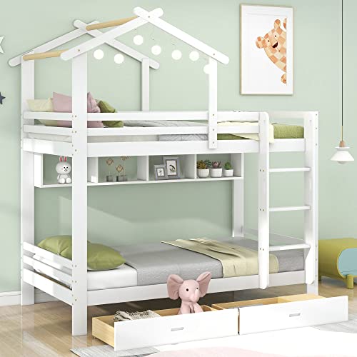 FEZTOY Kinderbett Baumhaus mit Schubladen und Regalen, Etagenbett Hausbett mit Leitern, Hochbett/Funktionsbett/Stockbett,90x200cm von FEZTOY