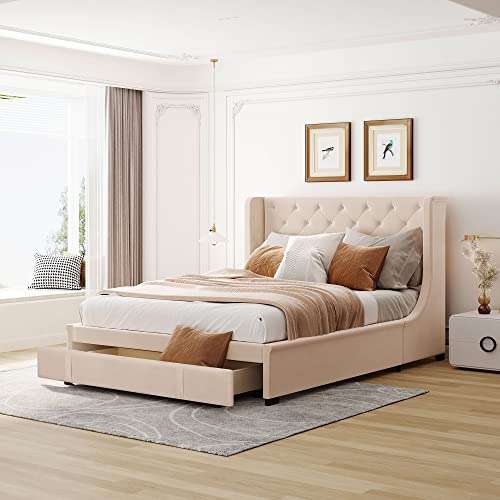 FEZTOY Polsterbett 140 x 200 cm Bett mit Lattenrost, Rückenlehne und Großer Schublade, Doppelbett, Erwachsenen, Jugendbett, in Pro-Leinen-Stoff, Ohne Matratze (Beige) von FEZTOY