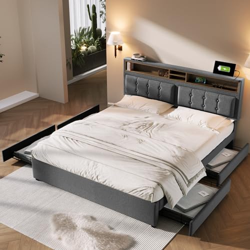 FEZTOY Polsterbett 160x200,Doppelbett mit 4 Schubladen,Höhenverstellbarem Kopfteil mit USB Ladefunktion, Rückenlehne Bett mit Stauraum und Lattenrost, Stauraumbett (Grau-ohne Matratze, 160x200) von FEZTOY