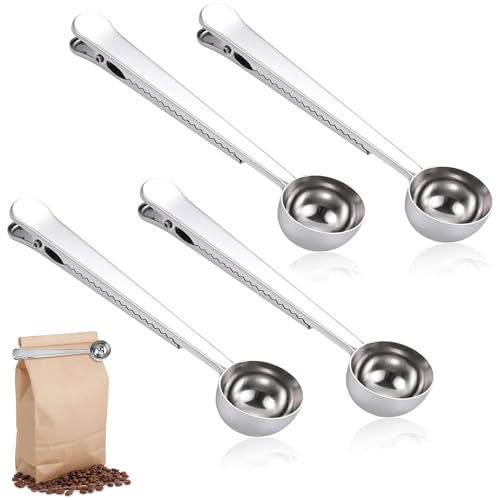 4 Stück Kaffee Scoop Clip, Edelstahl Kaffeedosierlöffel, Multifunktion Kaffeelöffel, Kaffeepulver Milchpulver Messlöffel, Kaffeezubehör, Kaffeedosierlöffel mit Beutelverschlußclip von FIBOUND