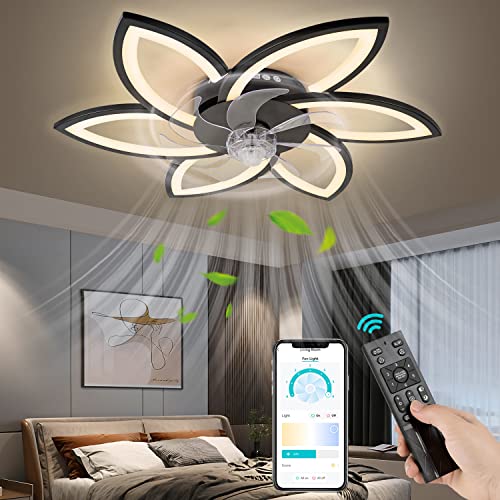 FIMEI LED Deckenventilator mit Beleuchtung, Kleiner 78 cm moderner, flacher Deckenventilator in Blumenform, dimmbares LED-Licht, Unterputz-Deckenventilator für Schlafzimmer, Wohnung, Innenbereich von FIMEI