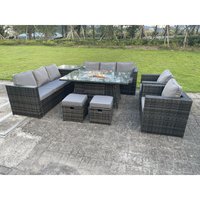 10-Sitzer Outdoor Rattan Gartenmöbel Set Gas Feuerstelle Brenner Tisch Sets Lounge Gartensofa Set mit Stuhl Hocker Beistelltisch - Fimous von FIMOUS