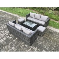 Fimous 8-Sitzer Rattan Gartenmöbel Set Outdoor Patio Sofa Set mit Länglichem Couchtisch 2 Kleine Hocker Dunkelgrau Gemischt von FIMOUS