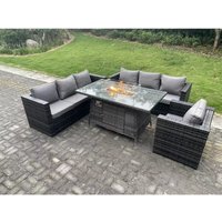 Rattan Gartenmöbel Sofa Set Gas Feuer Grube Esstisch Gas Heizung Brenner mit Sessel 7 Sitzer Dunkelgrau gemischt - Fimous von FIMOUS