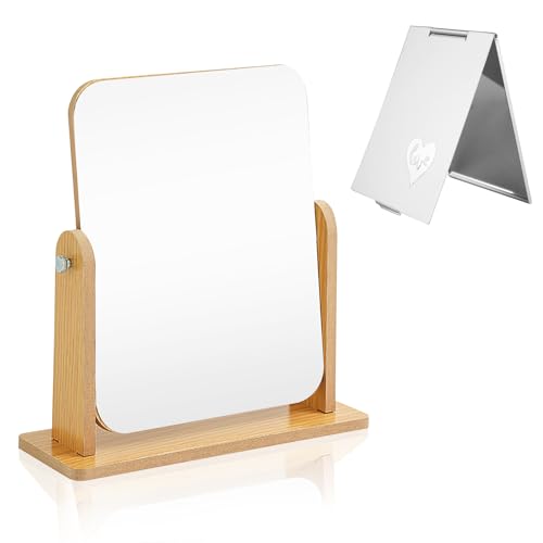FINEASY Kosmetikspiegel, Tischspiegel mit Kleiner Spiegel, 360 Grad Drehung Schminkspiegel Stehend Holz für Schminktisch Schlafzimmer Schreibtisch Badezimmer von FINEASY