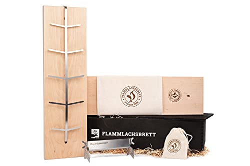 FINNWERK Flammlachsbrett Geschenkset - Lachsbretter mit Halterung aus Edelstahl und patentiertem Winkelsystem - Räucherbrett aus massiver Birke - Perfektes Outdoor Geschenk mit Echtholz-Geschenkbox von FINNWERK