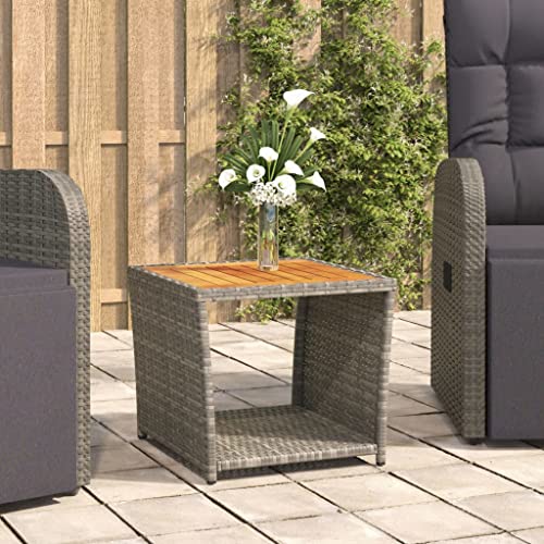 FIRBNUS 45x45x40 cm Garten Beistelltisch mit Holzplatte Couchtisch Balkontisch Terrassentisch Gartentisch Kaffeetisch Esstisch Grau Teetisch Wasserbeständiges Poly Rattan und Akazienholz von FIRBNUS