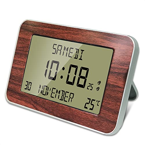 FISHTEC Funkuhr Wecker - Kalender mit Datum Tag und Uhrzeit - Große Anzeige - 2 Alarme - Temperatur - 24 x 14 cm - Wandbefestigung oder Standfuß - Holzoptik von FISHTEC