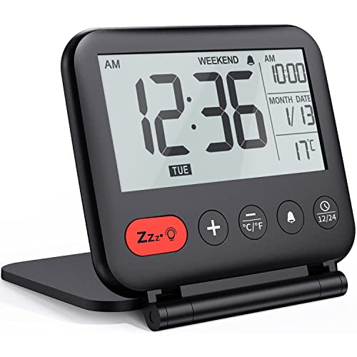 FISHTEC Reisewecker Mini Digitaluhr LCD tragbar mit Kalender Hintergrundbeleuchtung 12/24H – Temperaturfunktion – Schminkspiegel – kleine Schreibtischuhr faltbar batteriebetrieben von FISHTEC
