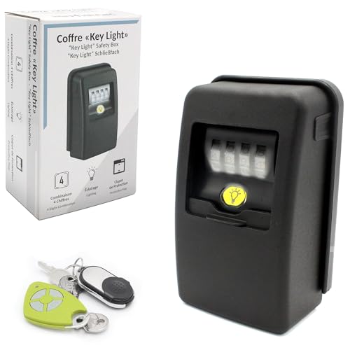 FISHTEC Schlüsselbox mit 4-stelligem Code - Mini Schlüsseltresor - Wandbefestigung, Verwendung Außen/Innen - LED-Beleuchtung - Wasserdicht + Verschlussklappe - Schwarz von FISHTEC