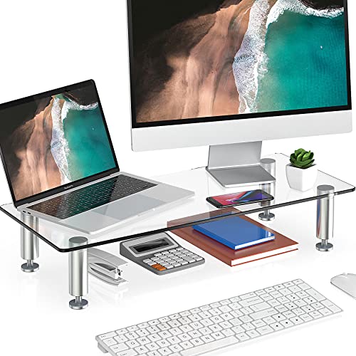 FITUEYES Monitorständer aus Glas, 56 cm Bildschirmerhöhung, Großer Laptopständer, Multifunktionaler Schreibtisch-Organizer mit Höhenverstellbarem Bein für Heimbüro, Transparent von FITUEYES