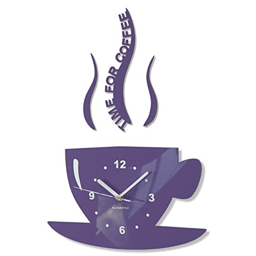 FLEXISTYLE Tasse Time for Coffee (Zeit für Kaffee) Moderne Küche Wanduhr Milka Violett 3D römisch, wanduhr deko von FLEXISTYLE