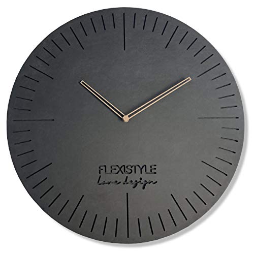 FLEXISTYLE Groß wanduhr ECO2 Schwarz ohne tickgeräusche wie Anthrazit 50cm Durchmesser, modern Wohnzimmer, Schlafzimmer, in Europa hergestellt von FLEXISTYLE