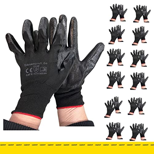 FLIESENProfi.de 12 Paar Nitril Handschuhe | Größe M/Größe 8 | EN 388 | Damen & Herren | Schutzhandschuhe Arbeitshandschuhe Montagehandschuhe Gartenarbeit (rotes Bündchen) von FLIESENProfi.de