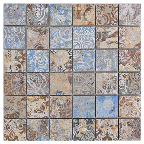 Retro Vintage Mosaikfliesen Teppichornamente Blau-Beige Mosaikmatte: 29,5x29,5 cm Keramik Wand/Boden, Innen/Außen, Mosaik Fliesen, WC BAD KÜCHE FLIESENSPIEGEL (Mosaikstein: 4,7x4,7 cm) von FLIESENProfi.de