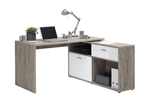 FMD Möbel, 367-001E Diego Schreibtisch, Holzwerkstoff, Sandeiche/Hochglanz-Weiß, Maße 134.0 x 141.0 cm von FMD Möbel