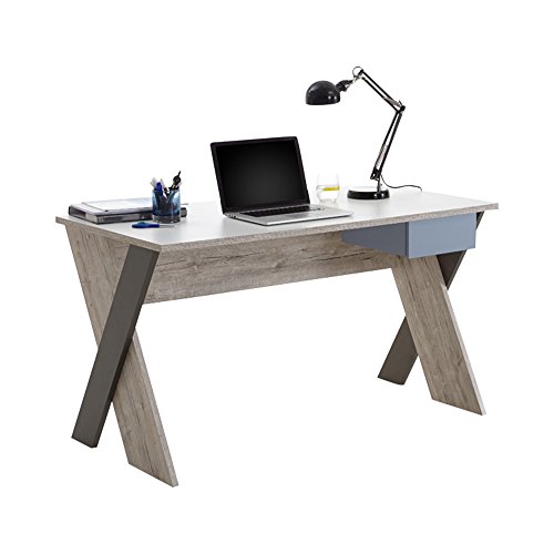 FMD Möbel, 814-006E Nona 6 Schreibtisch, Holzwerkstoff, Sandeiche/Weiß/Lava/Denim, Maße 135.0 x 75.0 x 67.5 cm (BHT) von FMD Möbel