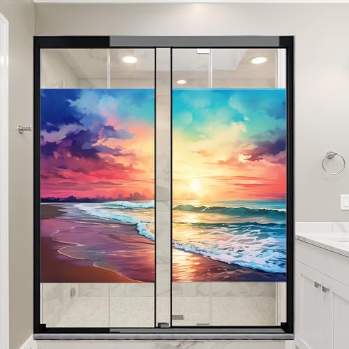 FOCCAR Aquarell Küste Meer Fensterfolie Sonnenblockierung Natürliche Fantasie Landschaft Haus Fenster Tönungsfolie Kein Kleber Glas Haftabdeckungen für Zuhause Dekorativ 70 x 120 cm x 2 Stück von FOCCAR