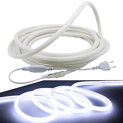 FOLGEMIR 1m Neon Seil Strip Rund, 360° Lumineszenz Kalt Weiß, LED flexibler Streifen ohne Lichtpunkte, 230V helle 2835 LED Band, IP65 wasserdicht für Garten Party Hochzeit Deko von FOLGEMIR