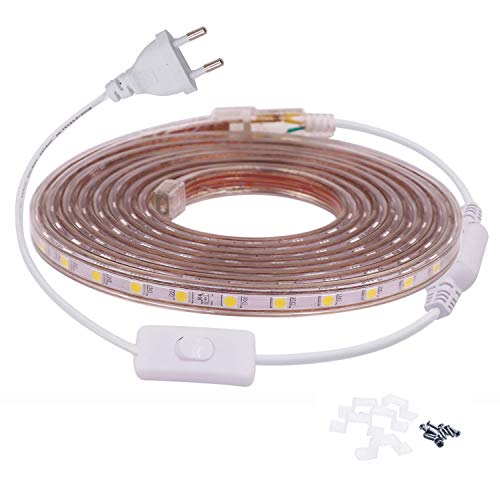 FOLGEMIR 8m Warmweiß LED Band mit Schalter, 220V 230V Lichtleiste, 60 Leds/m Strip, IP65 Lichtschlauch, milde Hintergrundbeleuchtung von FOLGEMIR