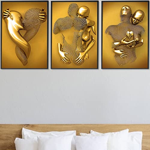 3D Metallfigur Statue Kunst Liebe Herz Bilder Wandkunst Deko, 3 Stück Abstrakte Metallfigur Skulptur Leinwand Malerei, Kunst Modern Poster Für Zuhause, Wanddekoration, Kein Rahmen (Gold 30x40cm) von FONDUO