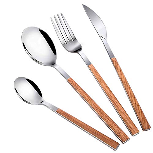 Besteck-Set, 4-teilig, Besteck-Set aus Edelstahl, Holzgriff, inkl. Messer/Gabel, Löffel/Kaffeelöffel. von FONDUO