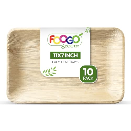 FOOGO Green 10 Einweg-Palmblatt-Serviertabletts, Tief, Mittelgroß, 11x7 Zoll (28x17 cm), Platten für Hochzeiten und Partys, Ähnlich wie Holzteller, Heißes Serviertablett von FOOGO Green