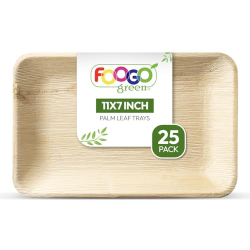 FOOGO Green 25 Einweg-Palmblatt-Serviertabletts, Tief, Mittelgroß, 11x7 Zoll (28x17 cm), Platten für Hochzeiten und Partys, Ähnlich wie Holzteller, Heißes Serviertablett von FOOGO Green