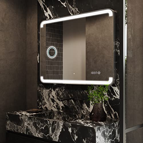 Badspiegel Premium 100x70 cm mit LED Beleuchtung und Abdeckung - Wählen Sie Zubehör - Individuell Nach Maß - Beleuchtet Wandspiegel Lichtspiegel Badezimmerspiegel - LED Farbe zu Wählen L145 von FORAM