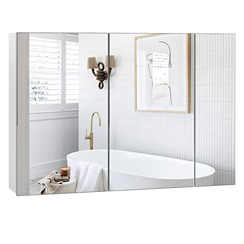 FOREHILL großer Spiegelschrank Bad mit 3 Türen Badezimmerschrank mit Spiegel und 2 verstellbaren Ablagen, weiß, 87,5x60x15,5cm von FOREHILL