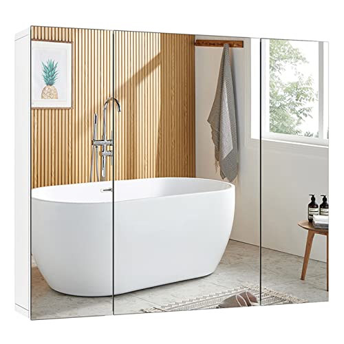 FOREHILL Spiegelschrank Bad mit 3 Türen Badezimmerschrank mit Spiegel Hängeschrank für Badezimmer aus Holz, 70x15x60cm weiß von FOREHILL