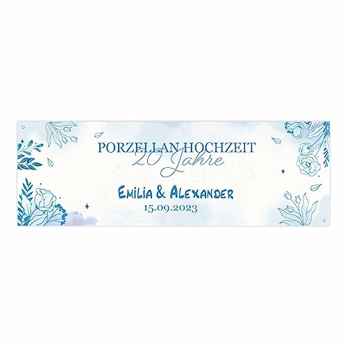 Personalisiertes Banner zur Hochzeit "Blaue Blumen" mit Namen, Datum und Wunschtext - Hochzeitsbanner, Porzellan Hochzeit -Dekoration - Jubiläumsbanner - 150x50cm oder 225x75cm von FOTOFOL