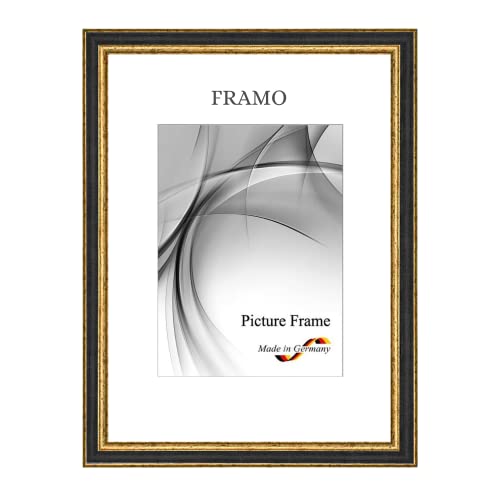FRAMO N°107 Barock Bilderrahmen 50x76 aus Massivholz | Schwarz Gold | Retro Vintage Antik Holzrahmen inkl. bruchsicherer Anti-Reflex Kunstglasscheibe und Metall Aufhängern von FRAMO